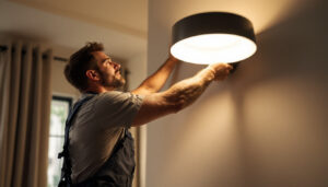 A photograph of a professional lighting contractor installing a large wall light fixture in a modern interior space