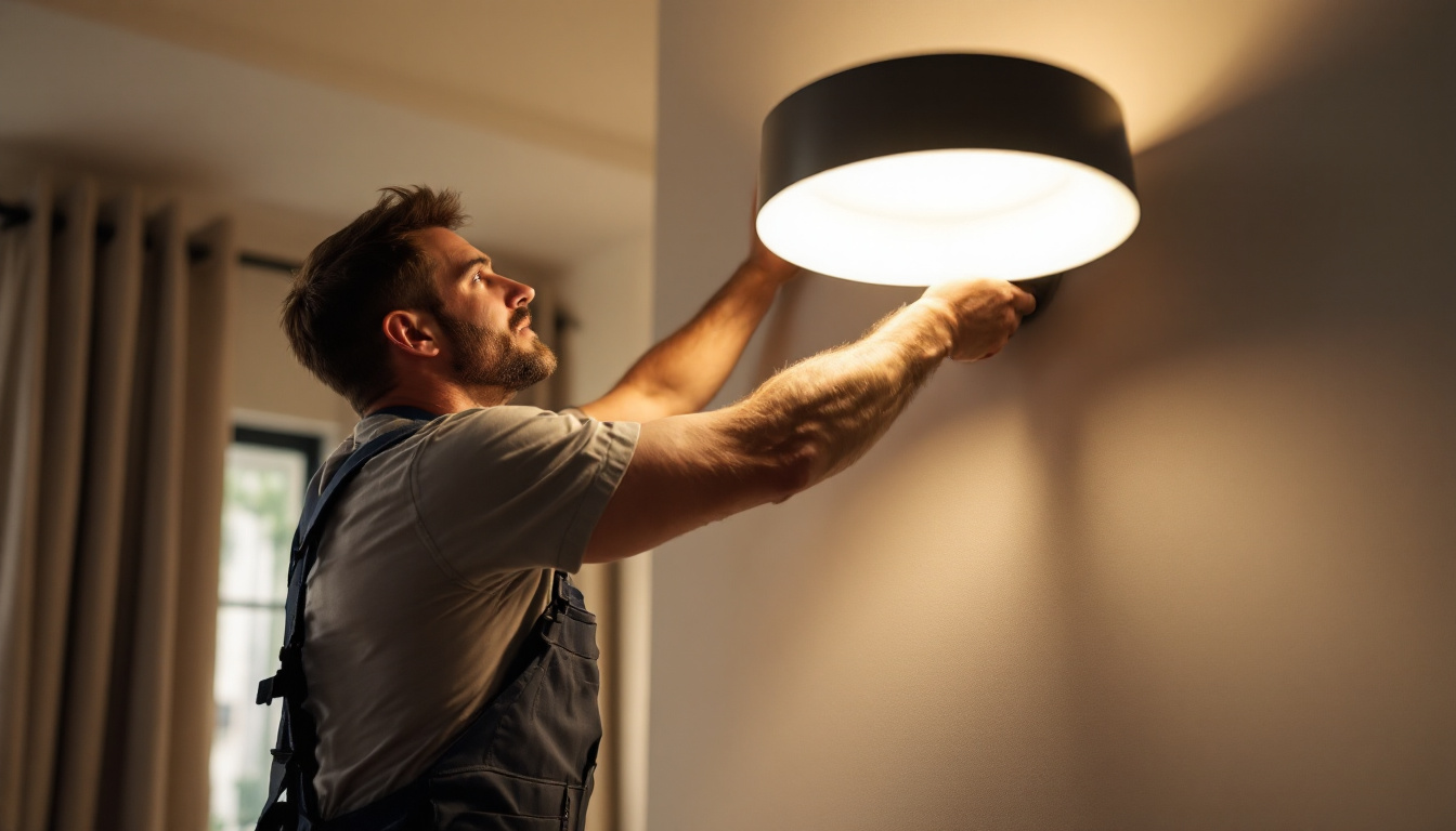 A photograph of a professional lighting contractor installing a large wall light fixture in a modern interior space