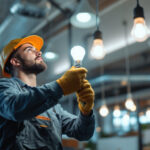 A photograph of a lighting contractor working with long light bulbs in a commercial setting
