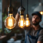 A photograph of a lighting contractor installing antique led light bulbs in a stylish