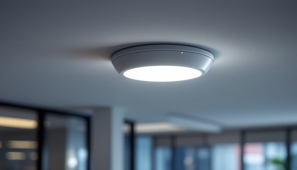 A photograph of a ceiling mount occupancy sensor installed in a modern office or commercial space