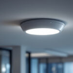 A photograph of a ceiling mount occupancy sensor installed in a modern office or commercial space