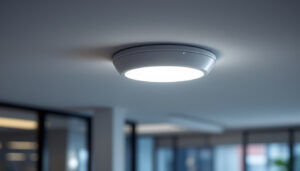 A photograph of a ceiling mount occupancy sensor installed in a modern office or commercial space