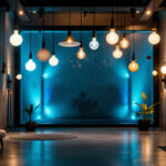 A photograph of a modern lighting installation that creatively blends historical lighting elements with innovative design