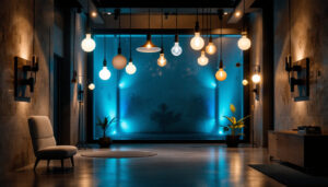 A photograph of a modern lighting installation that creatively blends historical lighting elements with innovative design