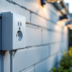 A photograph of an outdoor electrical outlet box installed on a residential or commercial building