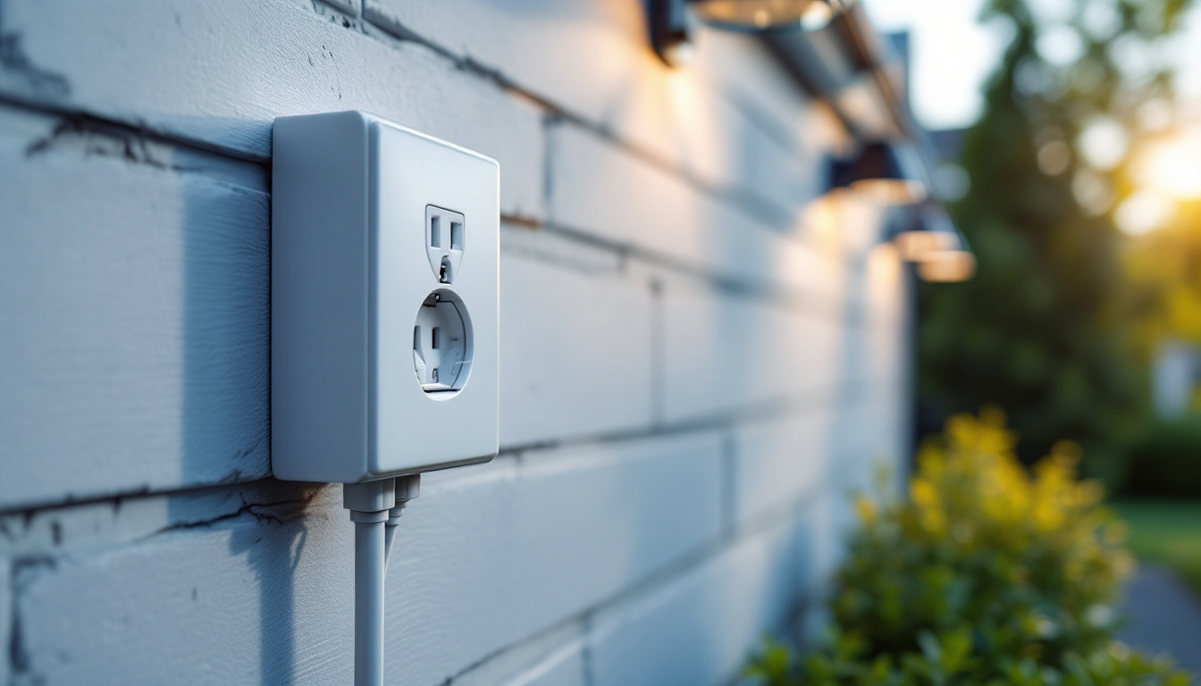 A photograph of an outdoor electrical outlet box installed on a residential or commercial building