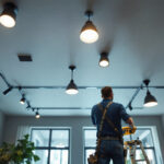 A photograph of a well-lit room showcasing various can lights installed in a stylish ceiling