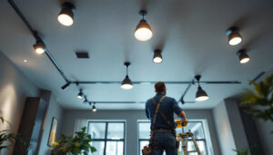 A photograph of a well-lit room showcasing various can lights installed in a stylish ceiling