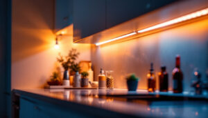 A photograph of a beautifully lit cabinet showcasing vibrant led strip lighting
