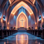 A photograph of a beautifully illuminated church interior showcasing modern light fixtures that enhance the architectural features and create a warm