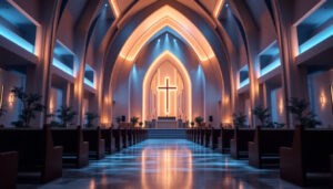 A photograph of a beautifully illuminated church interior showcasing modern light fixtures that enhance the architectural features and create a warm