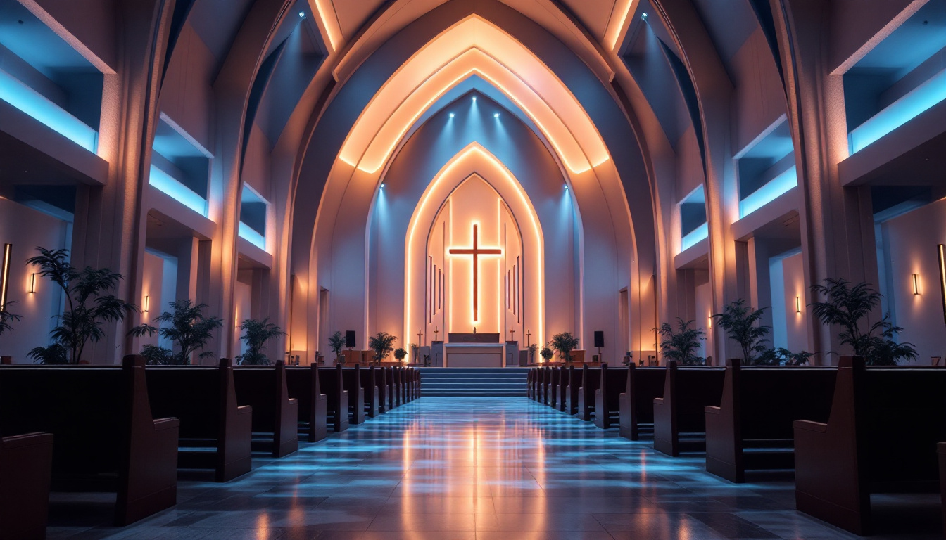 A photograph of a beautifully illuminated church interior showcasing modern light fixtures that enhance the architectural features and create a warm