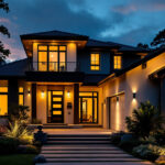 A photograph of a beautifully lit modern home exterior at dusk