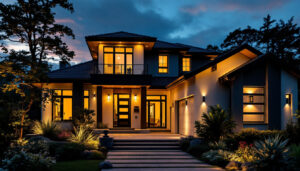 A photograph of a beautifully lit modern home exterior at dusk