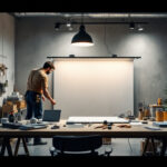 A photograph of a well-lit workspace featuring a lighting installation in progress