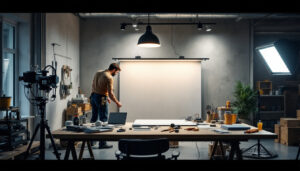 A photograph of a well-lit workspace featuring a lighting installation in progress