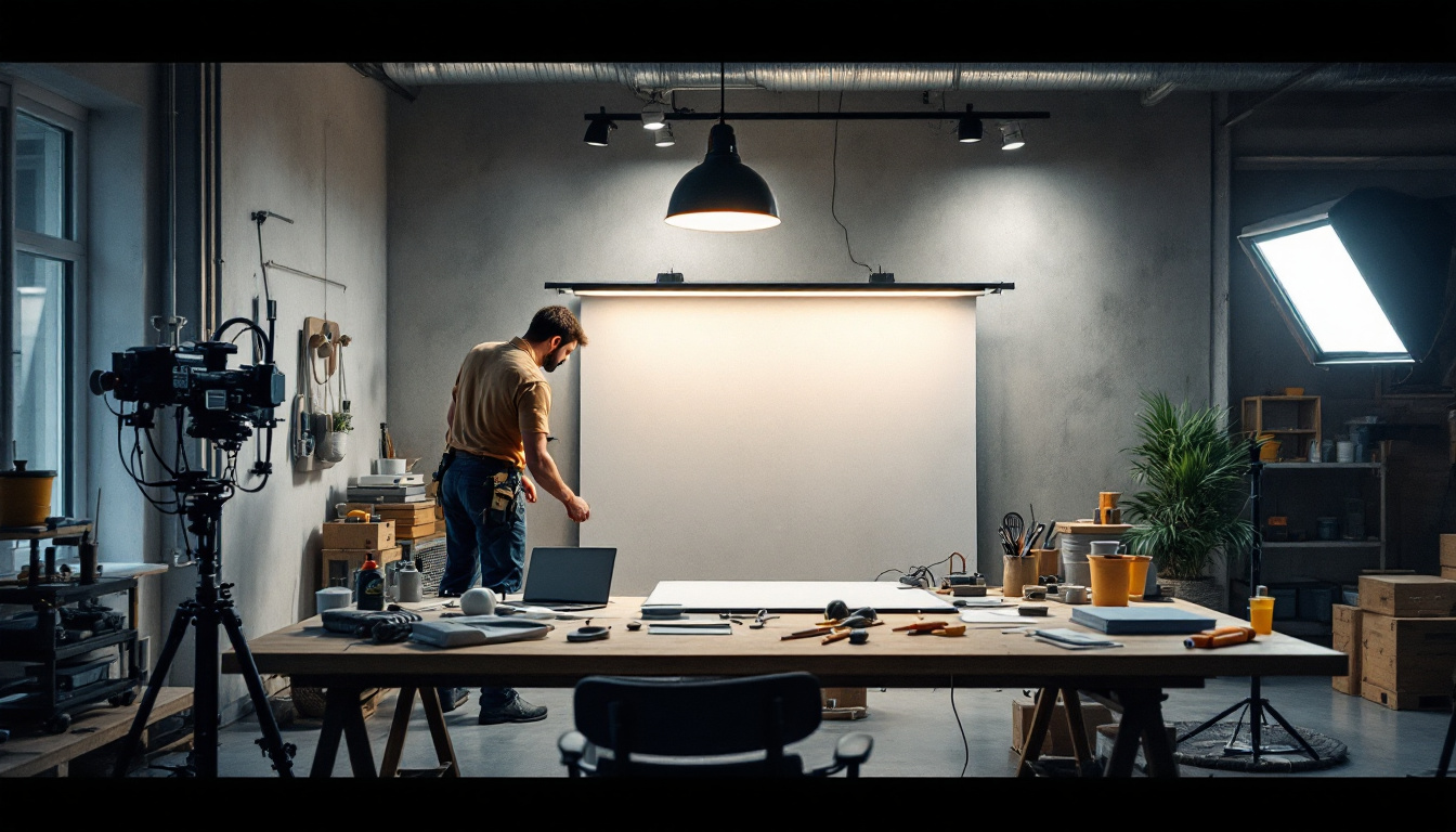 A photograph of a well-lit workspace featuring a lighting installation in progress