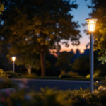 A photograph of capture a photograph of a well-lit outdoor scene featuring several solar light poles installed in a landscaped area