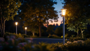 A photograph of capture a photograph of a well-lit outdoor scene featuring several solar light poles installed in a landscaped area
