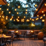 A photograph of a beautifully lit outdoor patio scene featuring stylish string lights draped overhead