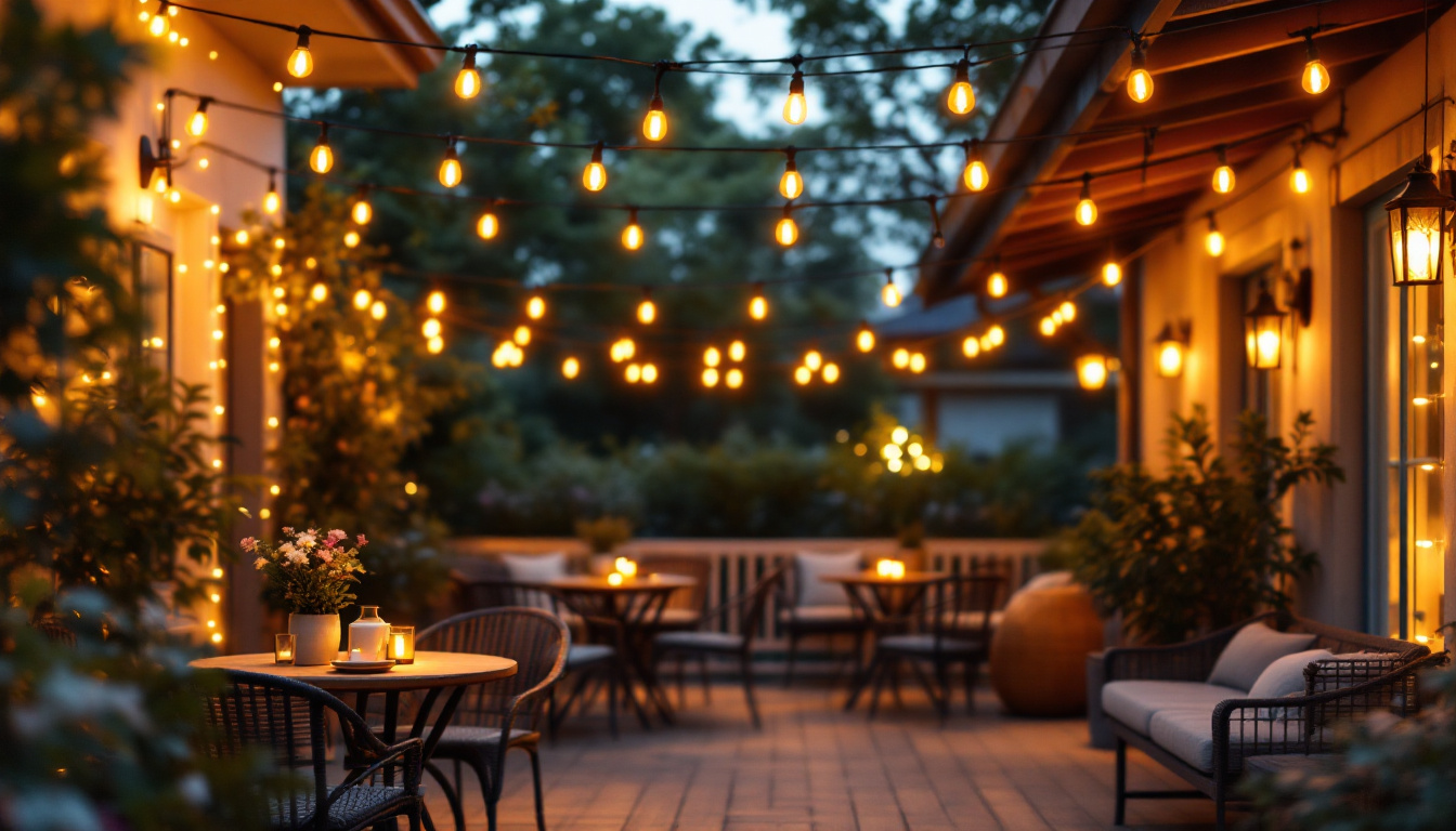 A photograph of a beautifully lit outdoor patio scene featuring stylish string lights draped overhead