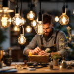 A photograph of a lighting contractor in action