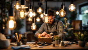 A photograph of a lighting contractor in action