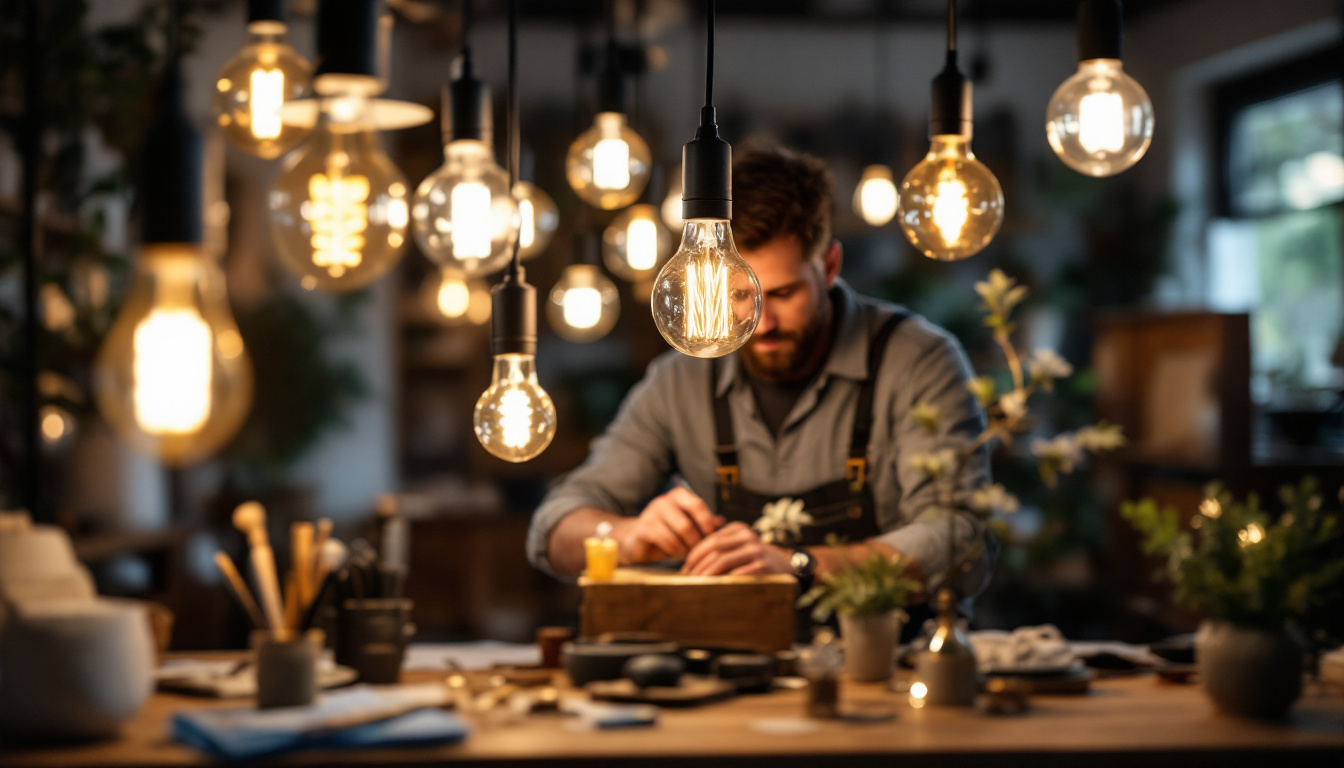 A photograph of a lighting contractor in action