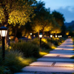 A photograph of a beautifully illuminated pathway at dusk