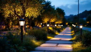 A photograph of a beautifully illuminated pathway at dusk