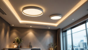 A photograph of a modern interior space showcasing sleek led recessed lighting fixtures in action