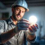 A photograph of a lighting contractor installing or showcasing a 150w led light bulb in a residential or commercial setting