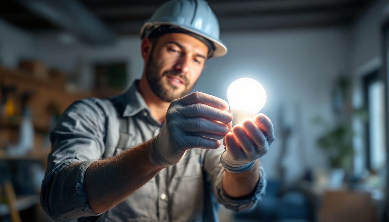 A photograph of a lighting contractor installing or showcasing a 150w led light bulb in a residential or commercial setting