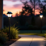 A photograph of a well-lit outdoor space showcasing solar-powered motion lights in action