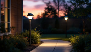 A photograph of a well-lit outdoor space showcasing solar-powered motion lights in action