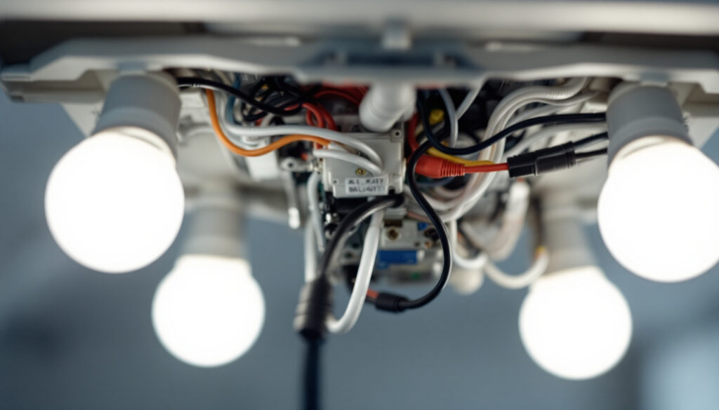 A photograph of a close-up of a 4-bulb light fixture with the ballast exposed