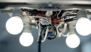 A photograph of a close-up of a 4-bulb light fixture with the ballast exposed