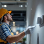 A photograph of a lighting contractor installing an occupancy sensor in a modern commercial space