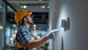 A photograph of a lighting contractor installing an occupancy sensor in a modern commercial space