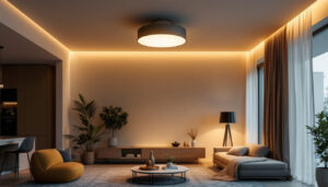 A photograph of a stylish ceiling lamp illuminating a modern living space