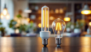 A photograph of a side-by-side comparison of t8 and t12 led bulbs