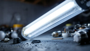 A photograph of a close-up shot of a fluorescent light fixture being retrofitted with led bulbs