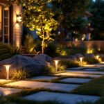 A photograph of a well-lit outdoor space featuring various styles of solar ground lighting installations