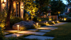 A photograph of a well-lit outdoor space featuring various styles of solar ground lighting installations