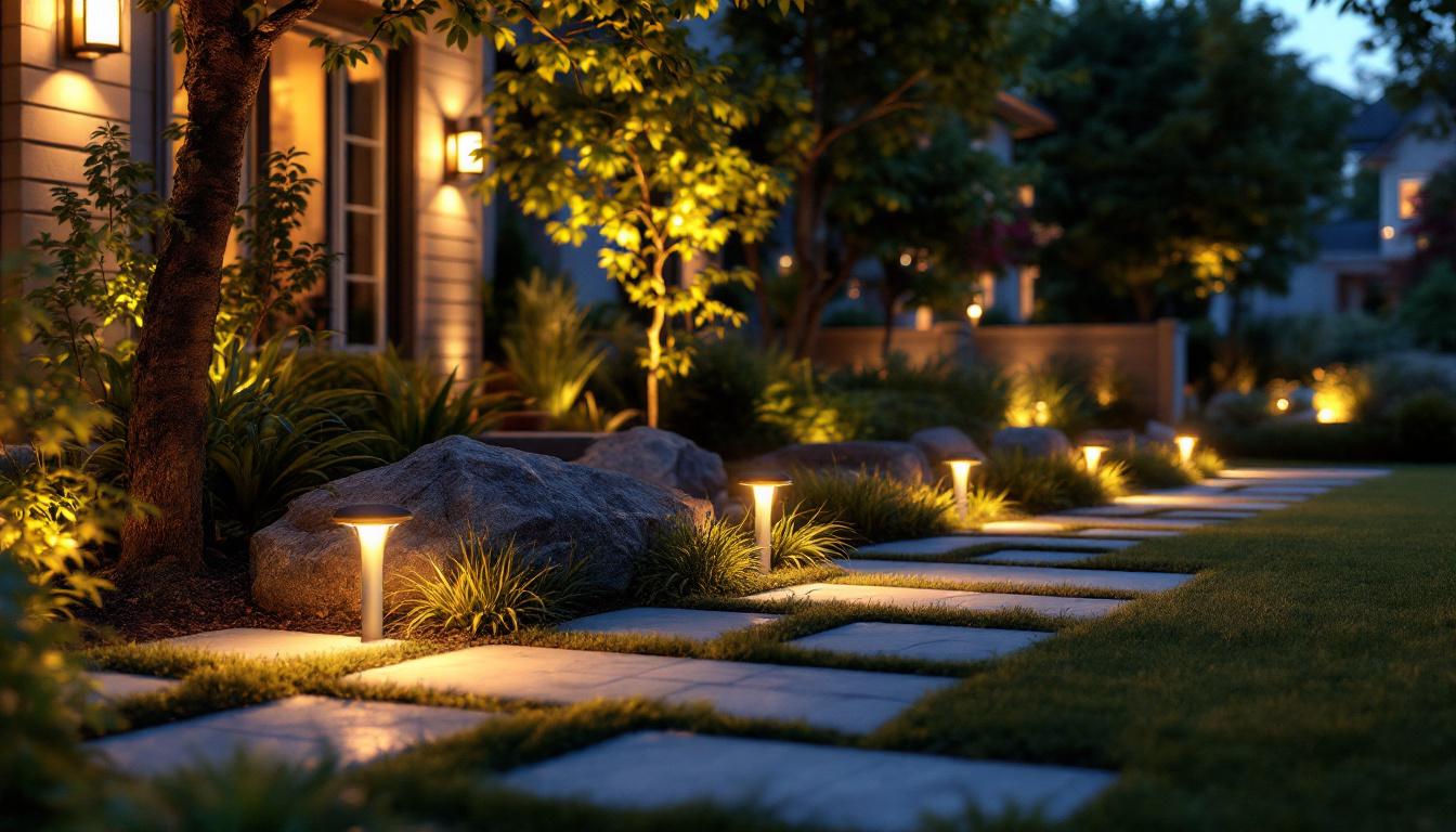 A photograph of a well-lit outdoor space featuring various styles of solar ground lighting installations