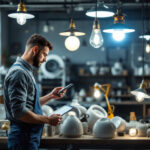 A photograph of a lighting contractor examining various used light fixtures in a well-lit workshop