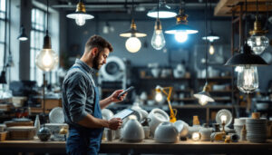 A photograph of a lighting contractor examining various used light fixtures in a well-lit workshop