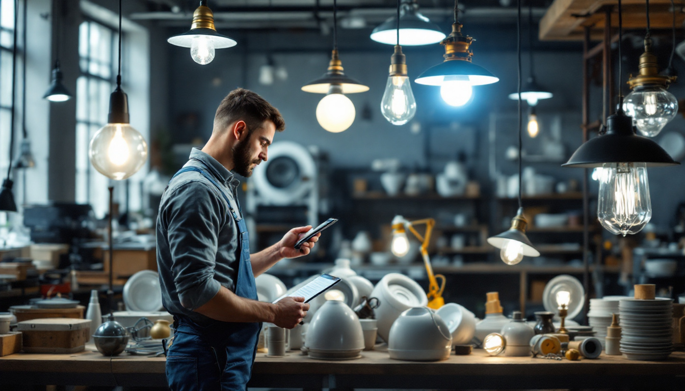 A photograph of a lighting contractor examining various used light fixtures in a well-lit workshop