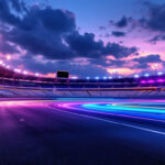 A photograph of a modern race track illuminated by advanced led lighting systems at dusk